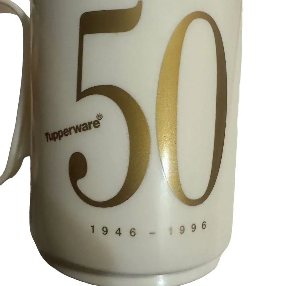 Limited Edition Tupperware 50th 1946-1996 Mug Cup White/Gold, Lid 3104A6 3103A1